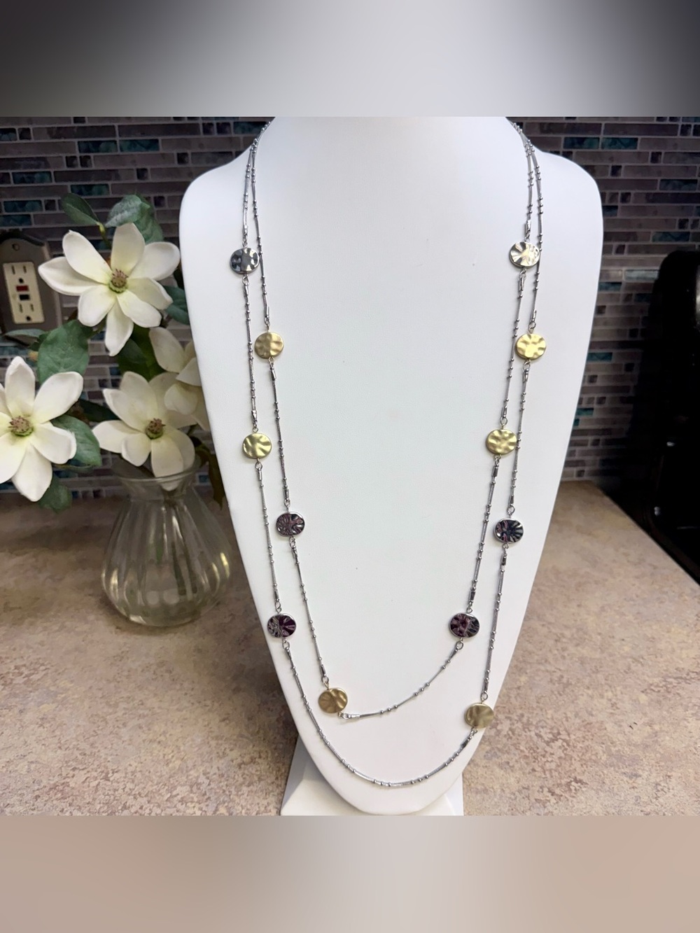 Chico’s long mixed metal station necklace